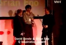 Receiving Q Inspiration Award with Brian Eno (1995)